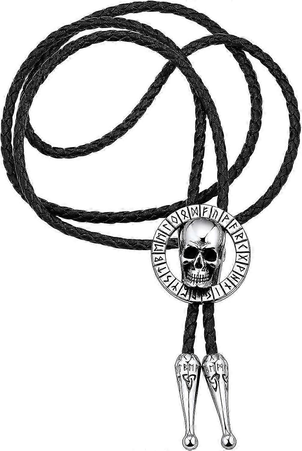 2025 Latest Model Norse Viking Bolo Tie for Men Black Leather Necktie Stainless