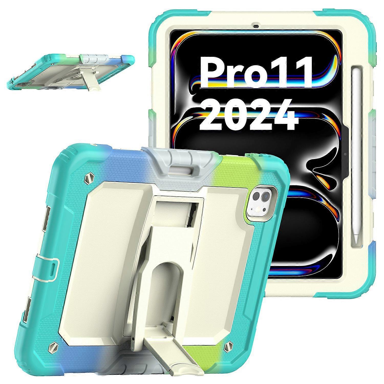 For iPad Pro 11 (2024) Case PC+Silicone Tablet Cover with Shoulder Strap - Camo Baby Blue