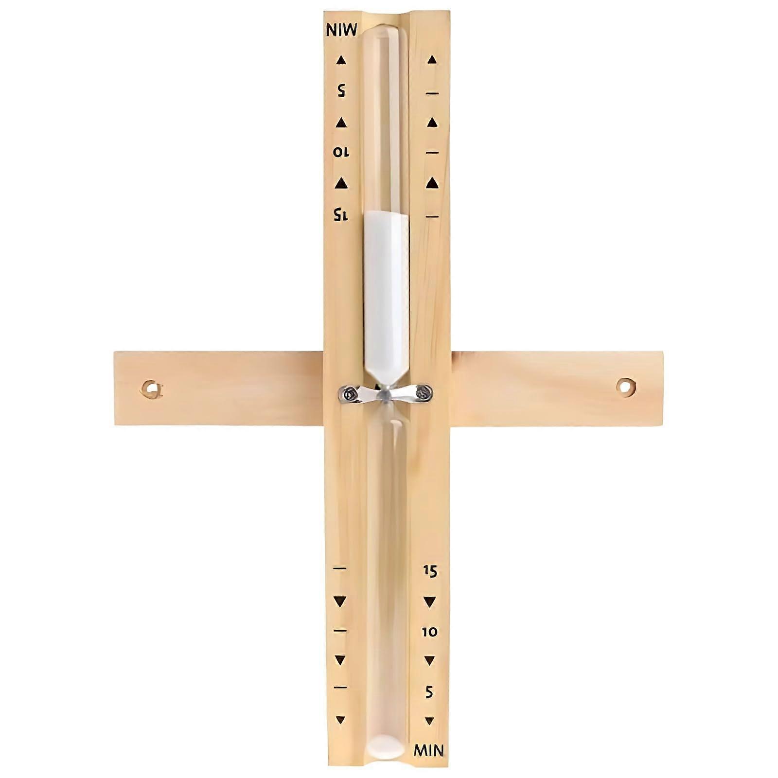 15minute sand timer for sauna, wooden frame with adjustable rotation mechanism, clear white sand, directional markings for easy setup.