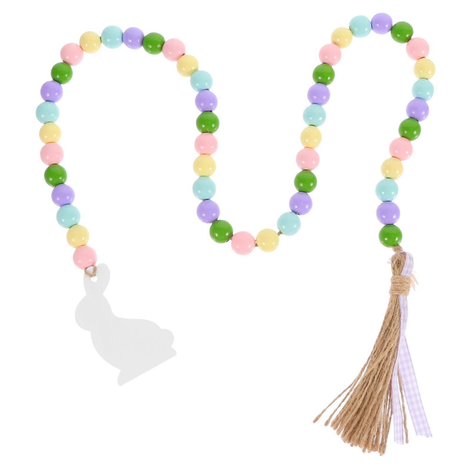 Easter Bunny Wooden Beads String Home Hanging Decoration with Hemp Rope Assorted Color 7 inch