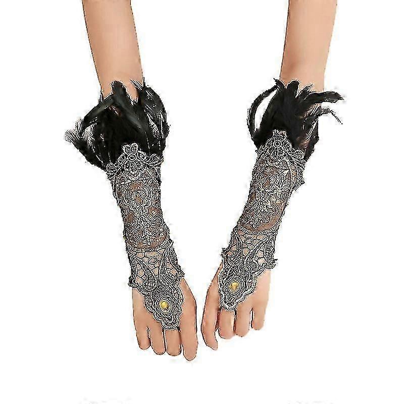 Women's Vintage Feather Lace Fingerless Long Gloves Stretch Wrist Cuffs Bracelet For Wedding Halloween Party