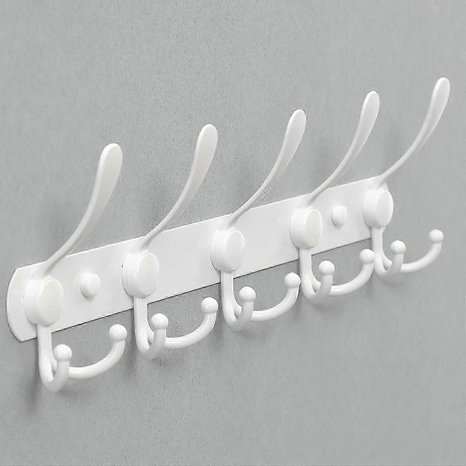 壁掛けコートラック-双方向炭素鋼、ソリッドバスルームコートフックホワイト40cm(5フック)のデザイナーコートフック