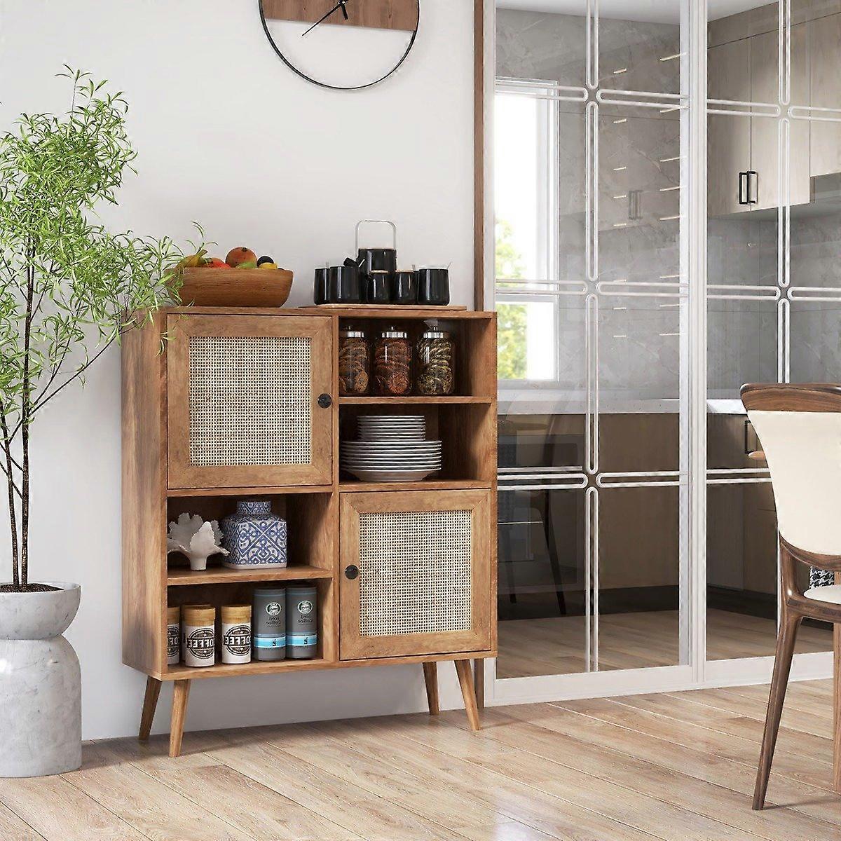 Wooden sideboard, chest of drawers with 4 compartments and 2 doors, rattan sideboard cabinet