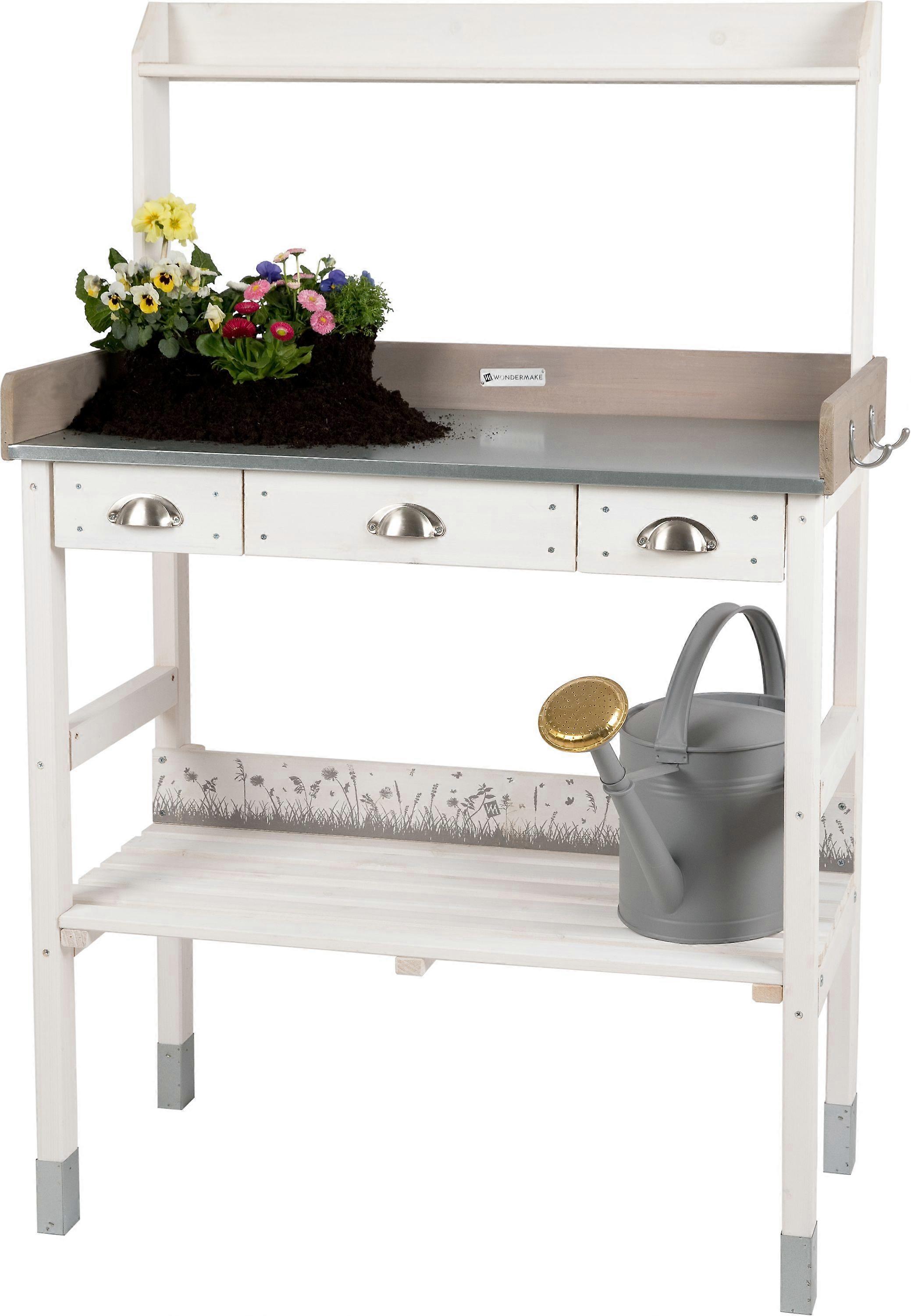 WONDERMAKE 11003: Grote houten planttafel 3 lades weerbestendig, tuinwerktafel tuintafel