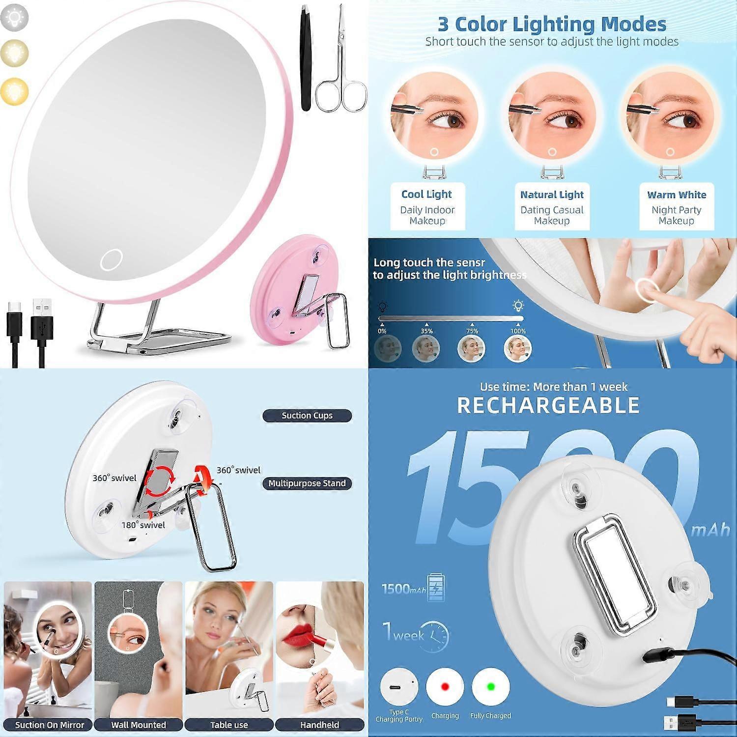 Magnifying Mirror with Light 30X Large 6” Rechargeable 3 Colors Dimming LED Makeup Mirror Compatible with Travel & 3 Suction Cups