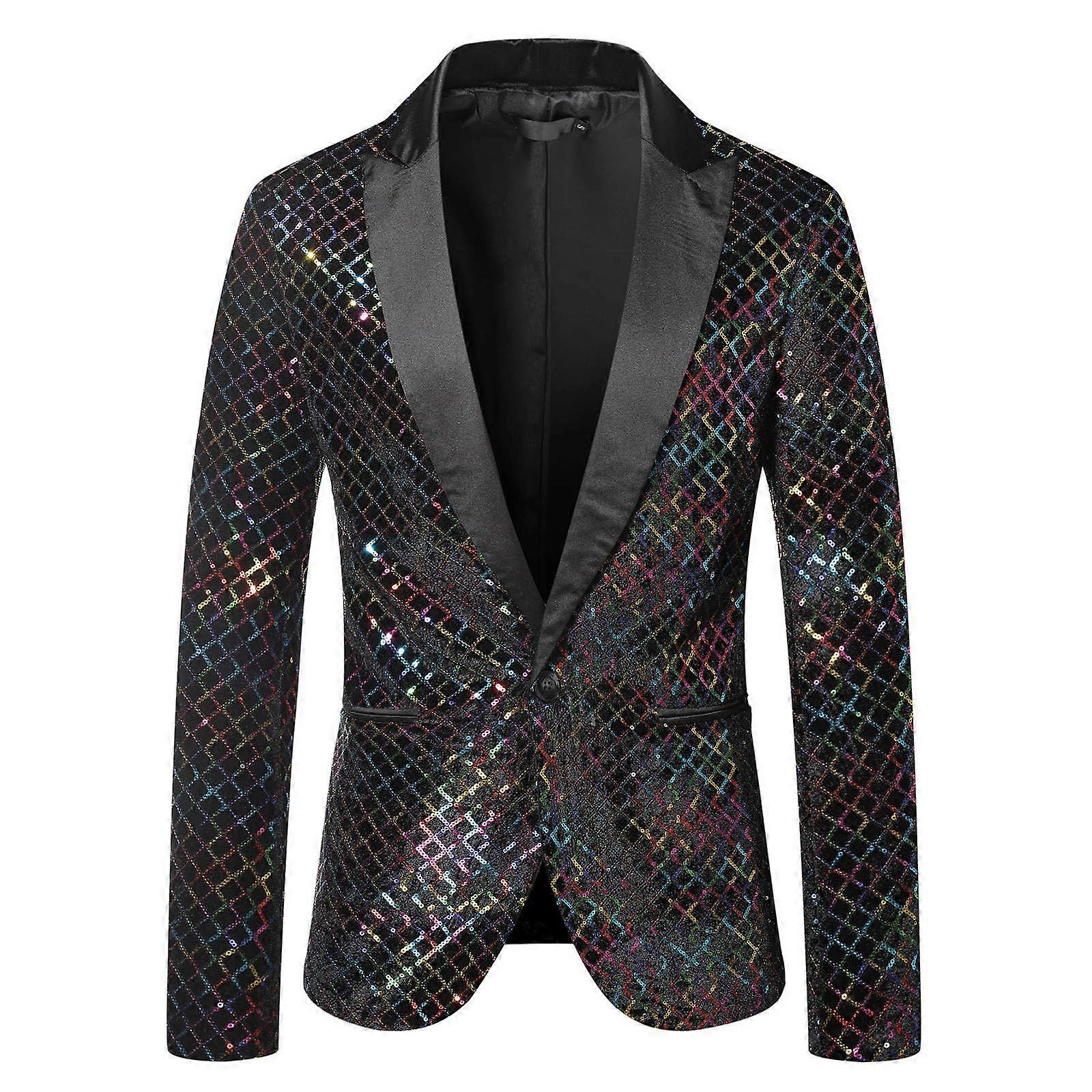 Glitter Jacket Men's Sequin Blazer Black Size L Metallic Iridescent Year's Eve Glitter Outfit