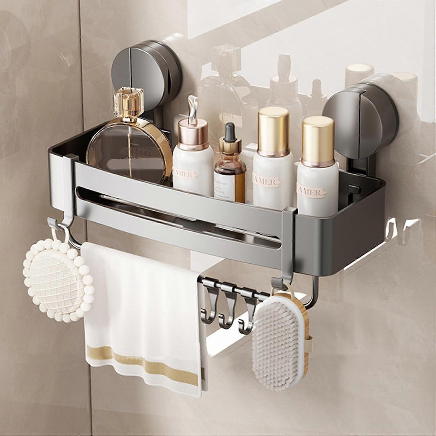 Powerful Suction Cup Shower Caddy 32cm | Bathroom Suction Cup Shelf, Rustproof Removable Shampoo Holder with Towel Bar and 4 Hooks | No Drilling Insta
