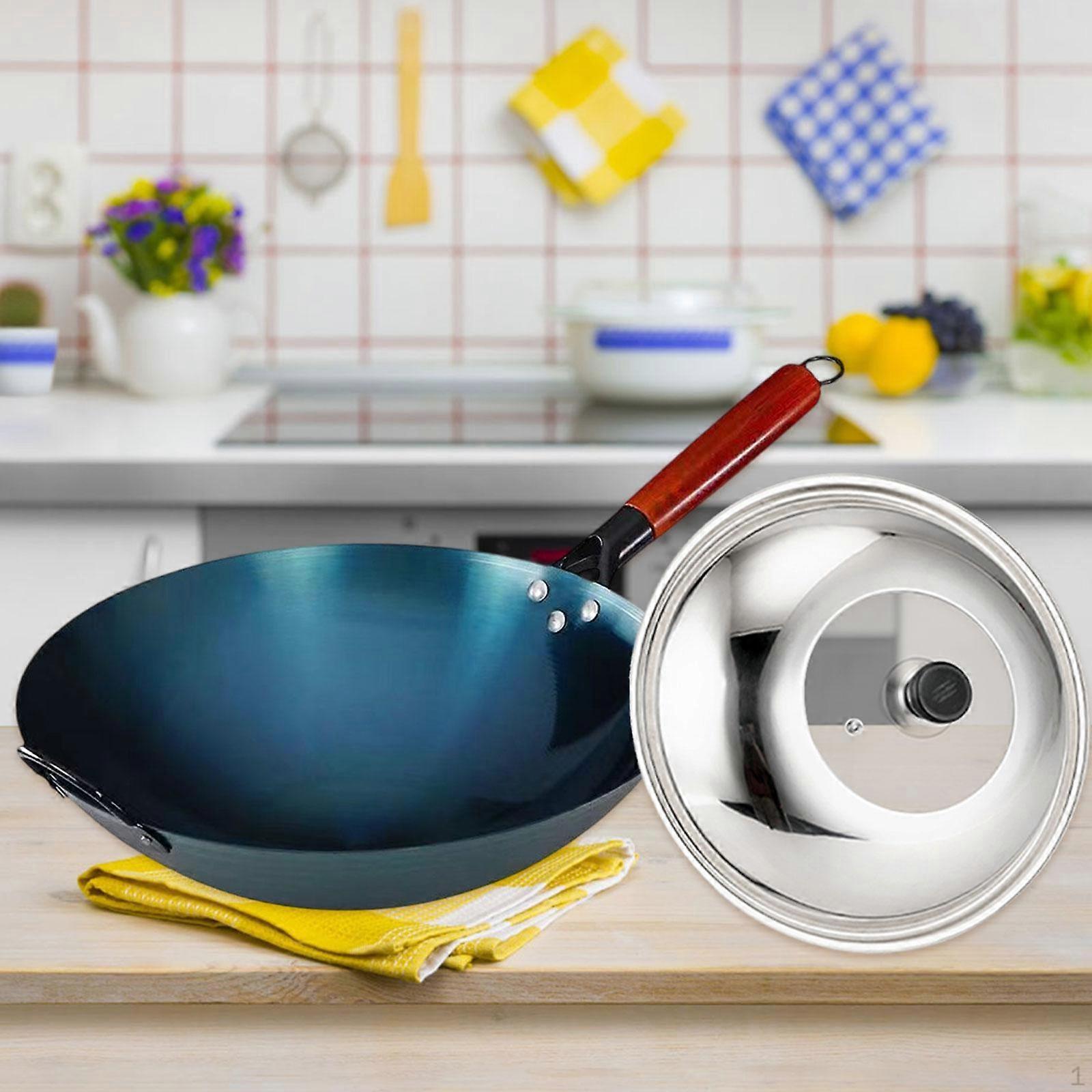 Chef's Wok Pan with Wood Handle And Lid for Home Cooking