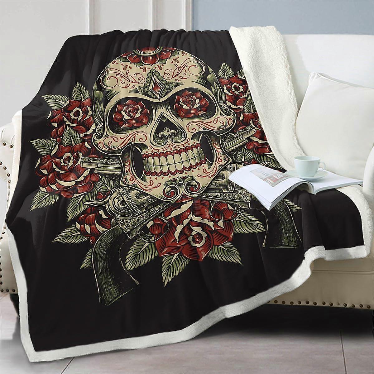 Black Skull Sherpa Throw Blanket 60x80 Ultra Soft Warm Fleece for Sofa Bed Stylish Skull Decor