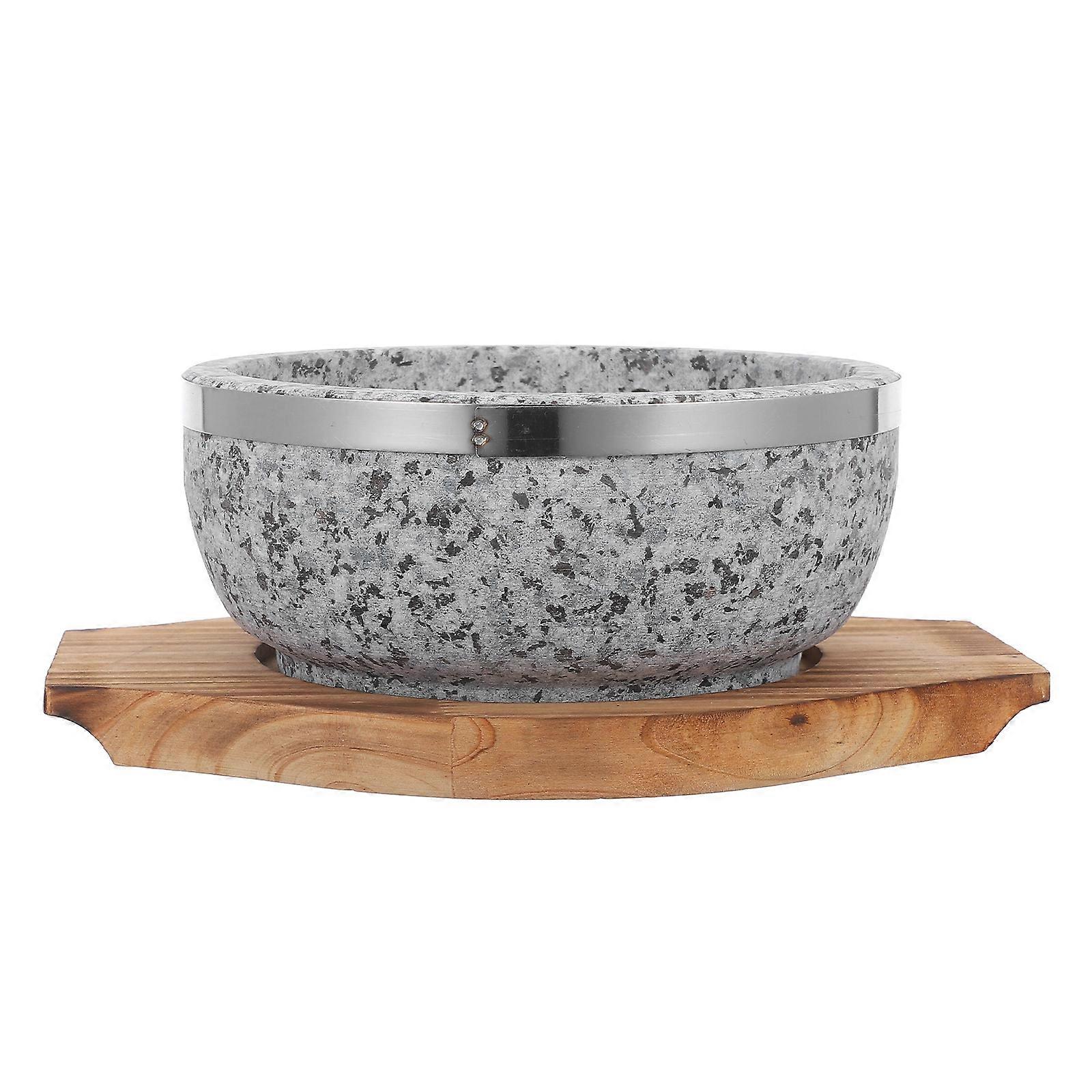 Heritage Korean Cookware Stone Bowl with Wood Base for Open Flame Cooking Made of Grey Material 1 Set