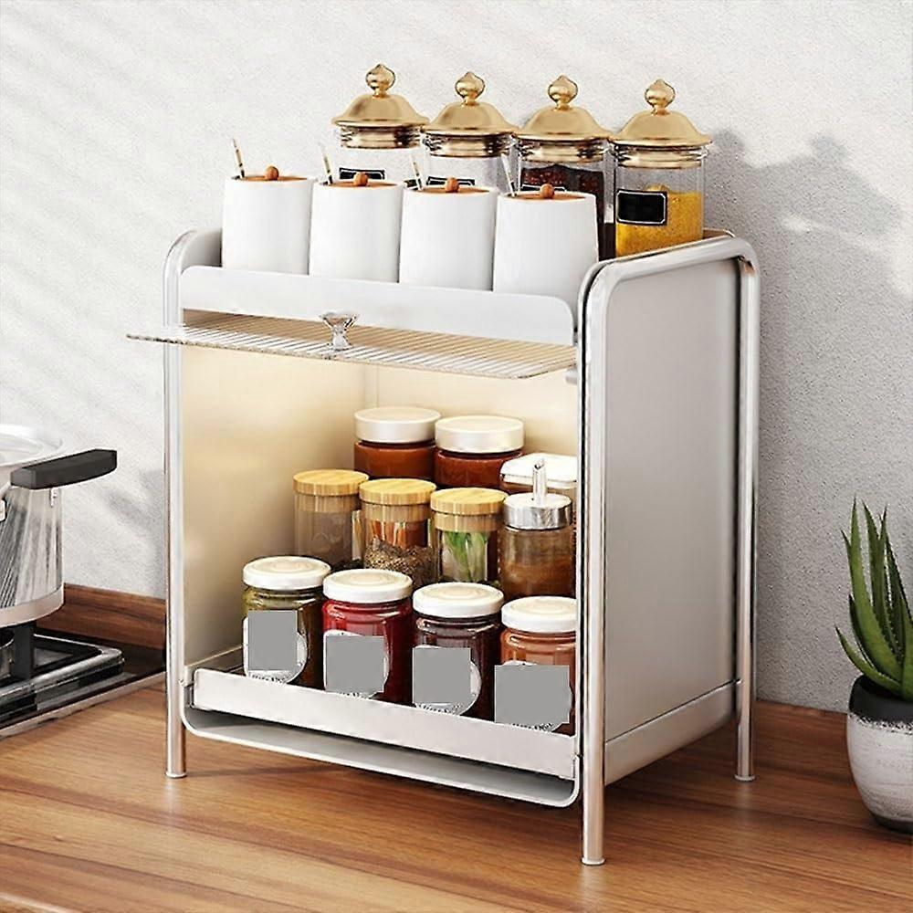 DualLayer Spice Rack Organizer with Transparent Flip Door and Sliding Base for Kitchen or Vanity