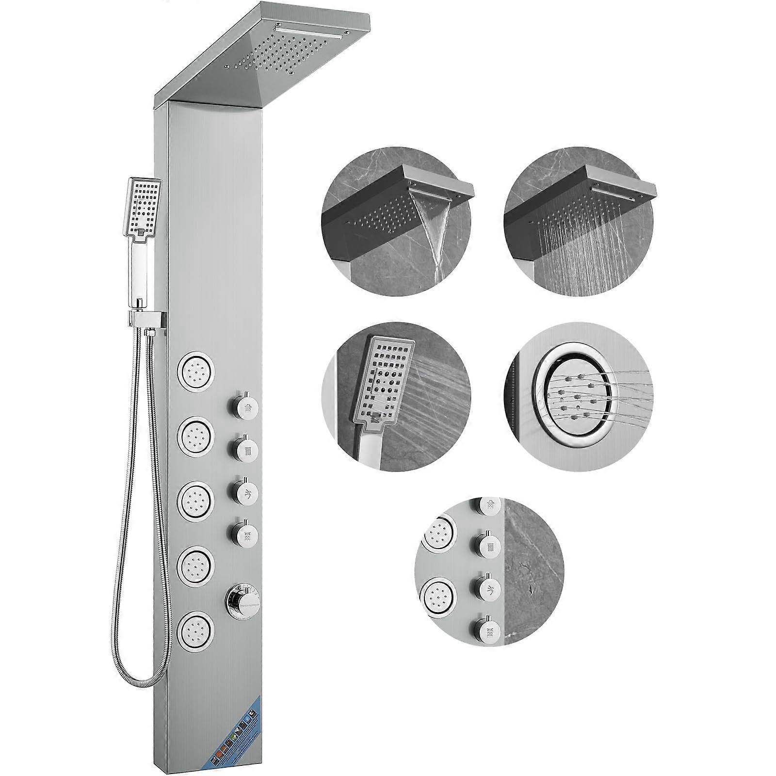 Shower Panel System with Rainfall Waterfall and Adjustable Massage Jets, Stainless Steel 4 Modes Wall Mounted Shower Tower