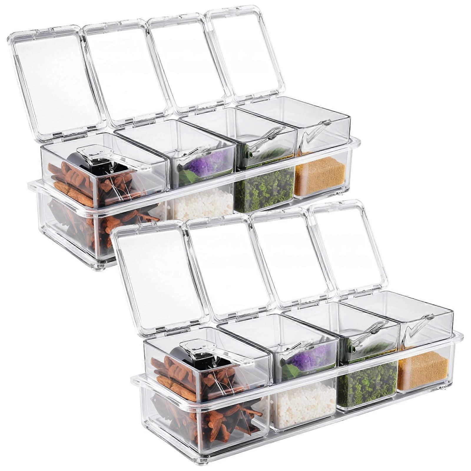 Spice Container Set with 4 Compartments and Spoons, Clear Plastic LeakProof Seasoning Storage Box