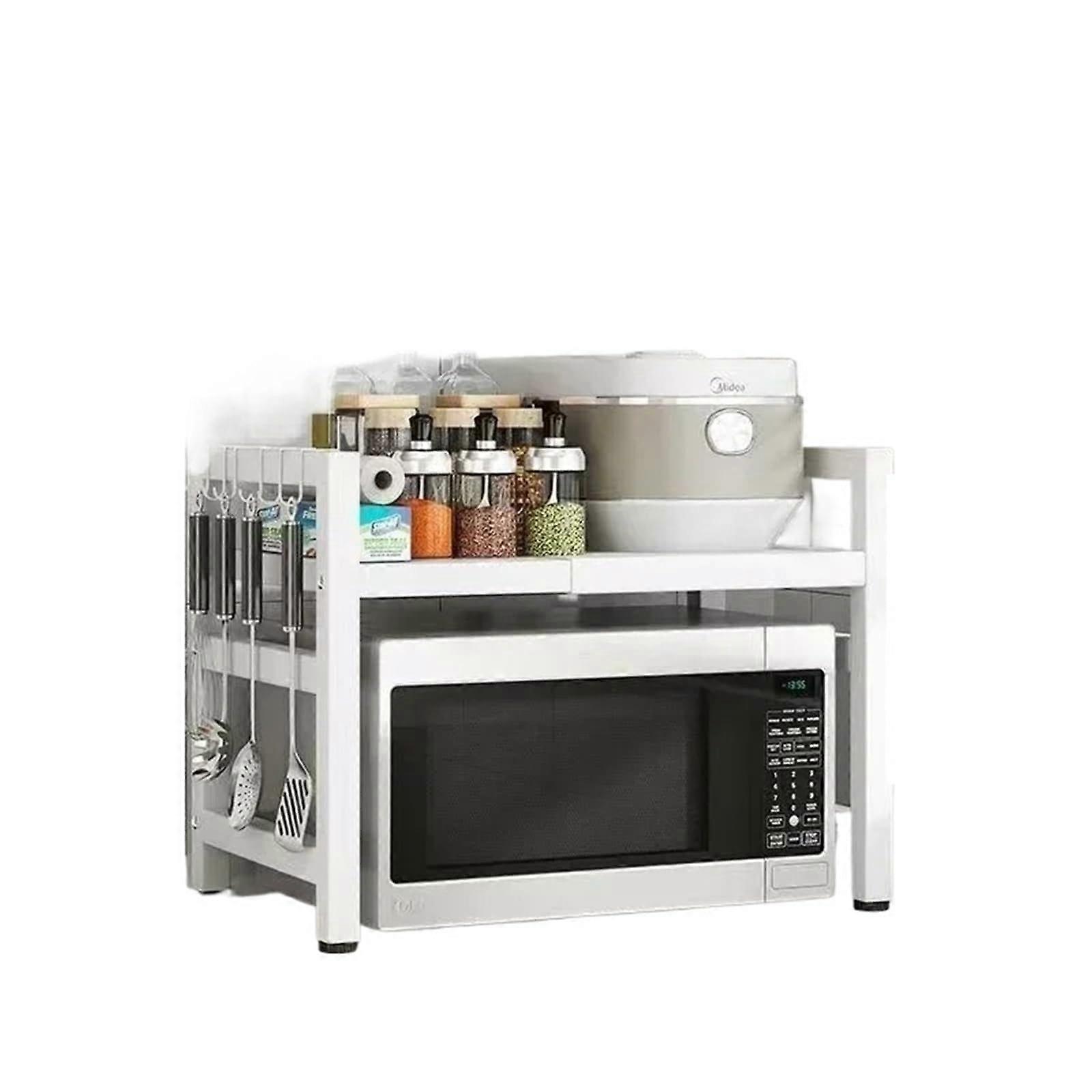 Adjustable Microwave Oven Shelf with Hooks, SpaceSaving Kitchen Storage Rack, White Single Layer