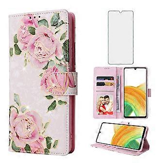 Wallet Case with Card Holder, Flower Flip Cover, Kickstand and Screen Protector for Samsung Galaxy A33 5G