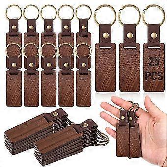 25PCS Trä Nyckelring Blanks Rektangel Trä Nyckelring Ämnen Med Läderrem Gravyr Ämnen Nyckel