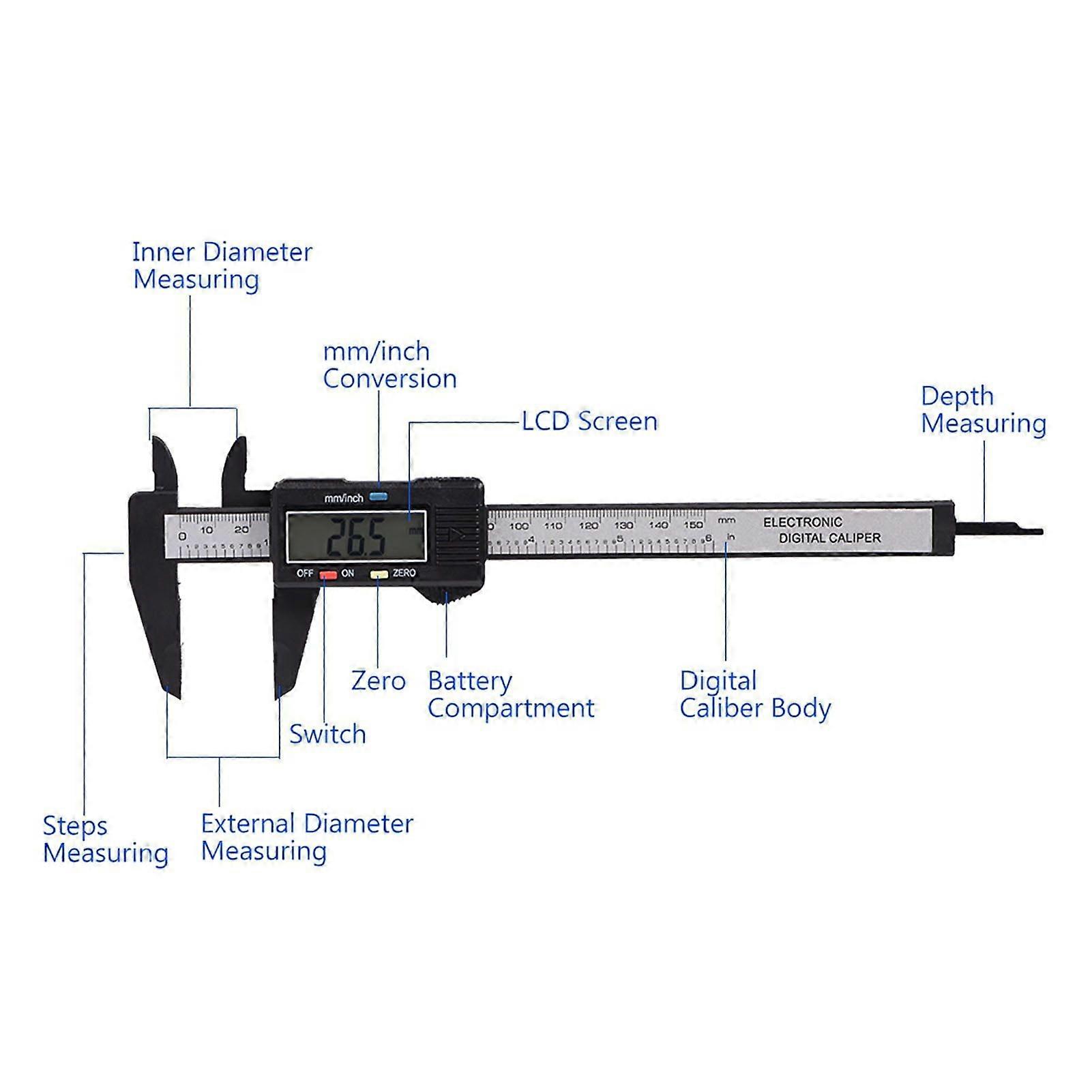 Digital Caliper with Extra Large LCD Screen for Measuring Inside Outside Depth Steps (Black)