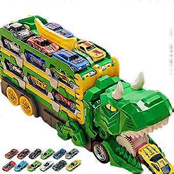 13-in-1 Dinosaur Transport Truck, Folding Race Track & 12 Die-Cast Cars - Lights & Sounds Car Toy for Kids Christmas Birthday Gift