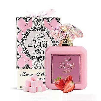 Perfume feminino de 100ml, longa duração, floral frutado, Eau de Parfum com notas doces e românticas em frasco rosa.