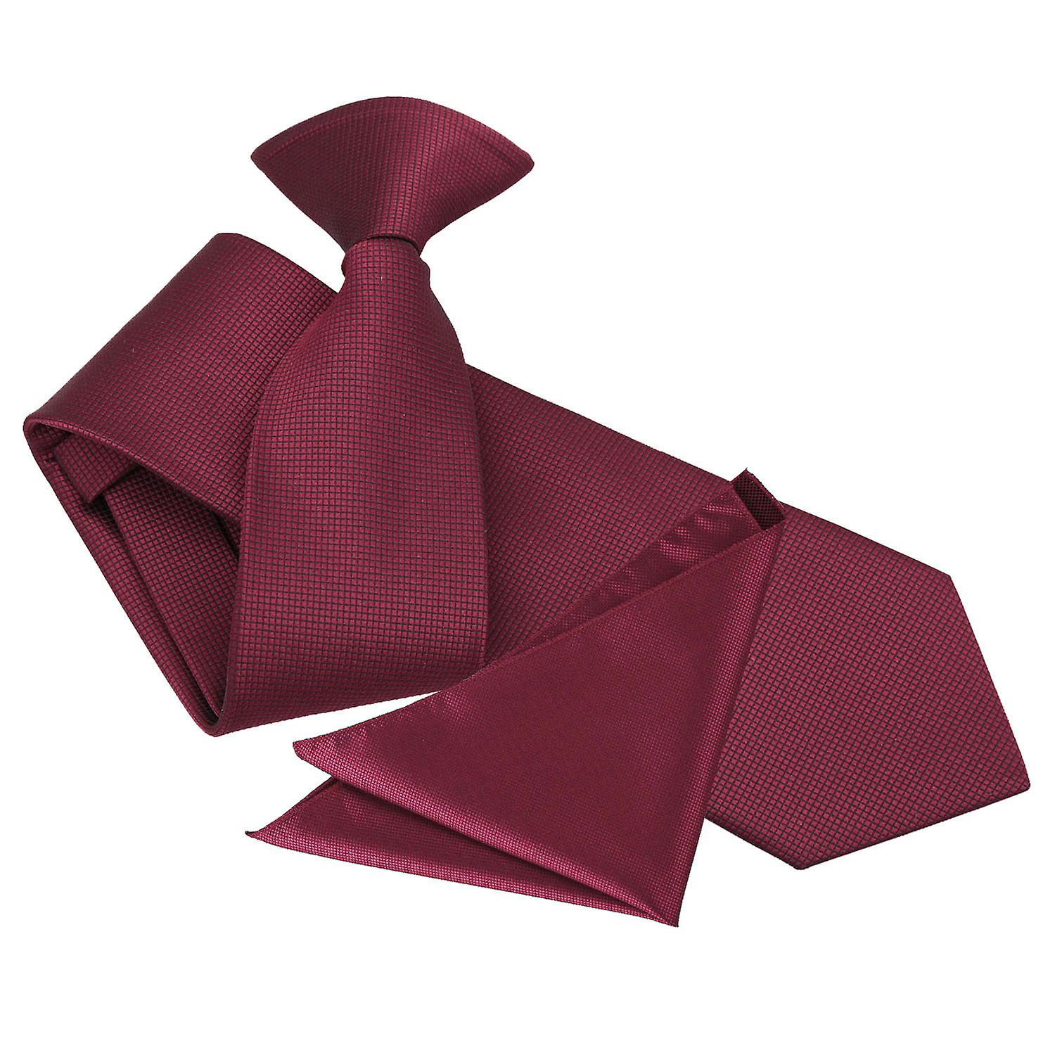 Burgundy Solid Check Clip On Slim Tie and Pocket Square Set