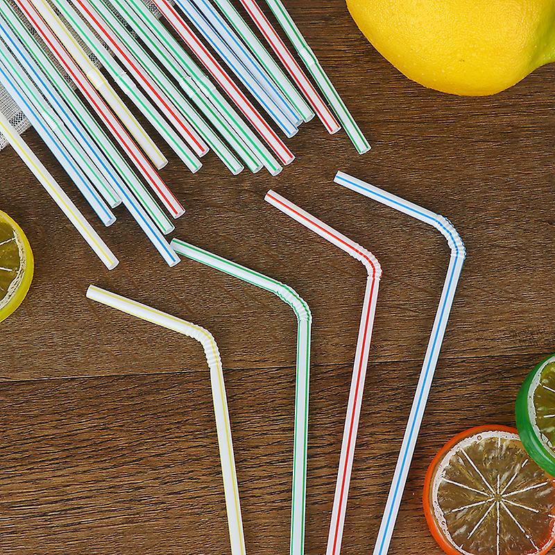100pcs Disposable Straws Flexible Plastic Straws Striped Rainbow Drinking Straw