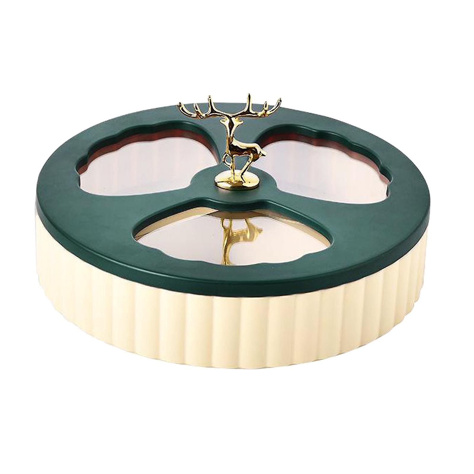 Divided Snack Serving Tray Dried Fruit Nut Storage Box Platter With Deer Lid Single-Deck_Green