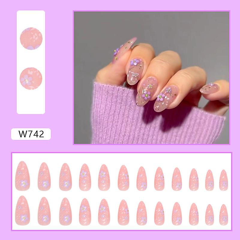 Pink With Gold Foil Decor Almond False Manicure Natural Unbreakable Nail Simple Wear