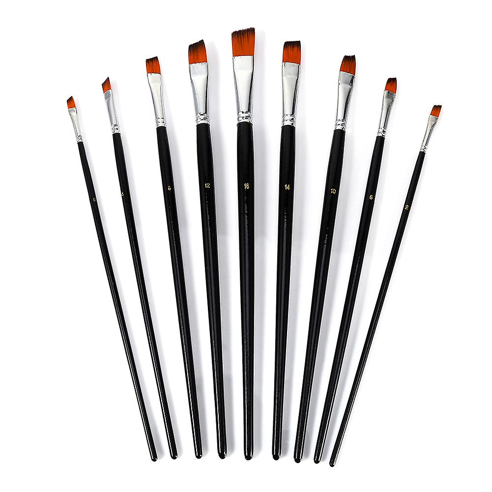 9 Pcs Nylon Flat Tip Paint Brush Set, Long Slanted Wooden Handle Paint Brush