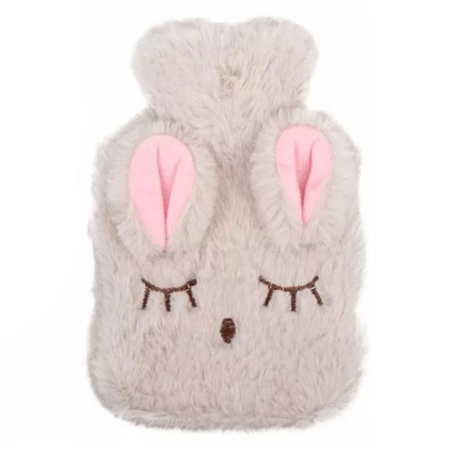 Explosion-proof anti-scald hot water bottle with removable plush cover in beige rabbit pattern