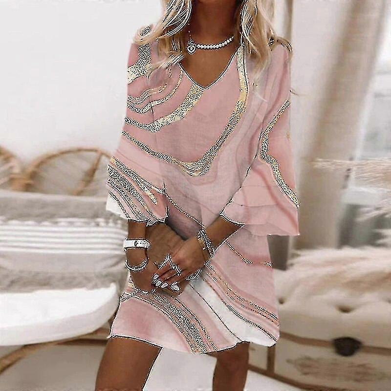 Summer Dresses Marble Print Ladies Elegant V Neck Ladies A Line Boho Beach Dress