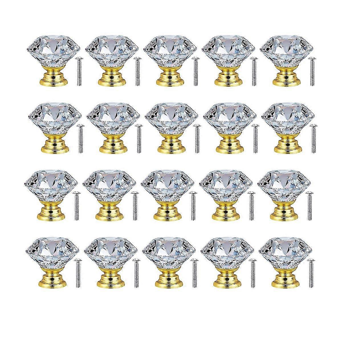 20 Pack 30 mm Crystal Glass Door Cabinet Knobs Cupboard Drawer Pull Handle ( Gold Base),for Kitchen