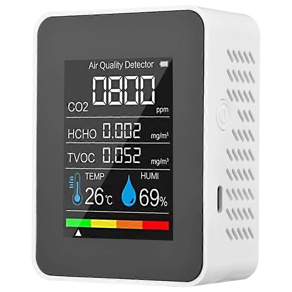 Carbon Dioxide Detector 5-in-1 CO2 Temperature Humidity Formaldehyde TVOC Monitor - White