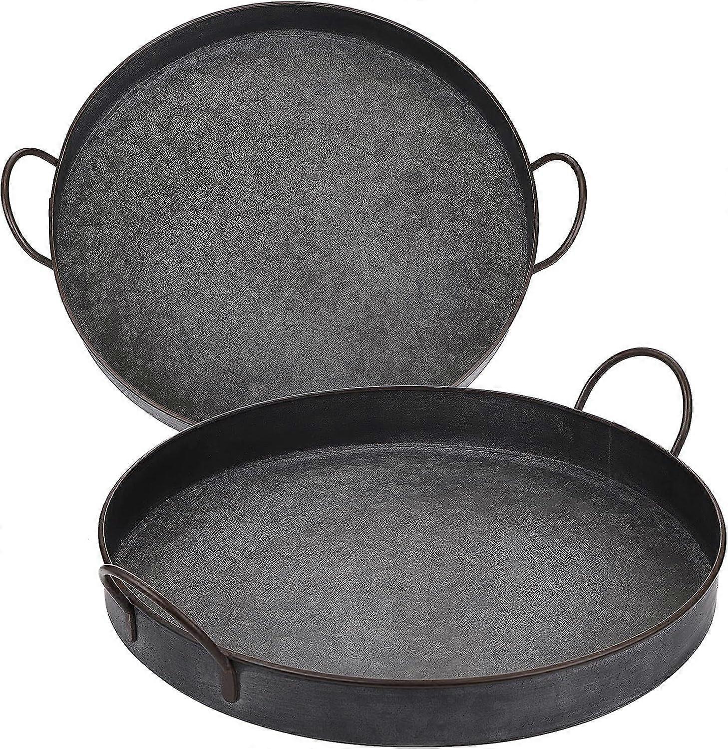 مجموعة من 2 صينية خدمة مستديرة زخرفية صينية حديد معدنية مع مقابض ، صينية تقديم على طراز المزرعة الصناعية ، 30 سم + 25 سم