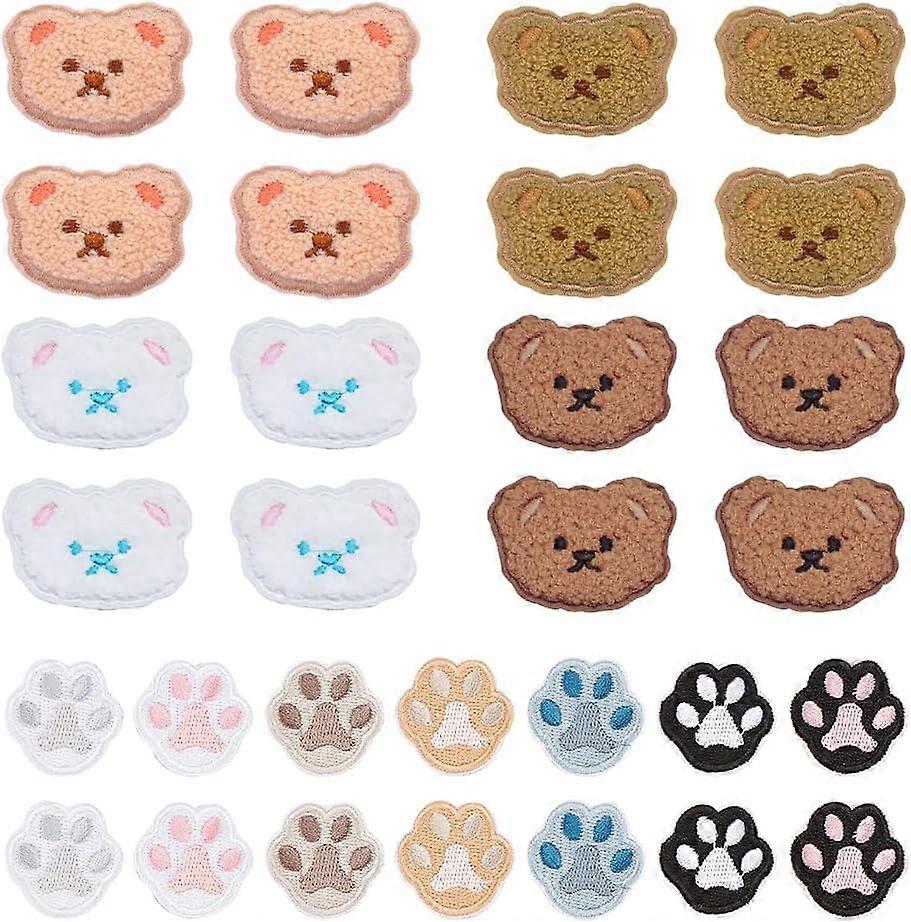 DIY 30 PCS Bear Embroidery Patches Cat Paw Print Shape Cloth Patches Iron On/Sew On Patches 4 Colors Bear's Head Patches 7 Colors Cat Paw Patches for 