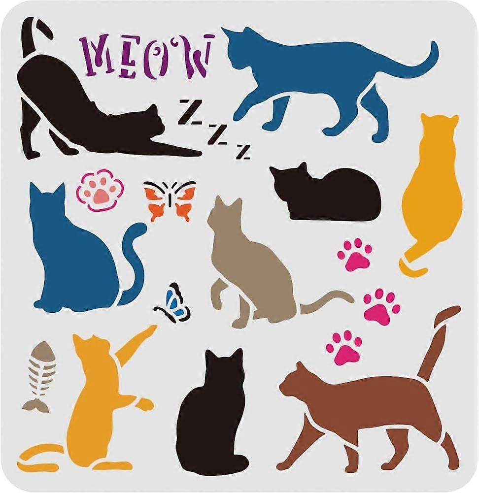 Cat Drawing Painting Stencils Templates (11.8x11.8 inch) Butterfly Cat's paw Butterfly Fish Plastic Square Reusable Stencils for Painting on Wood Floo
