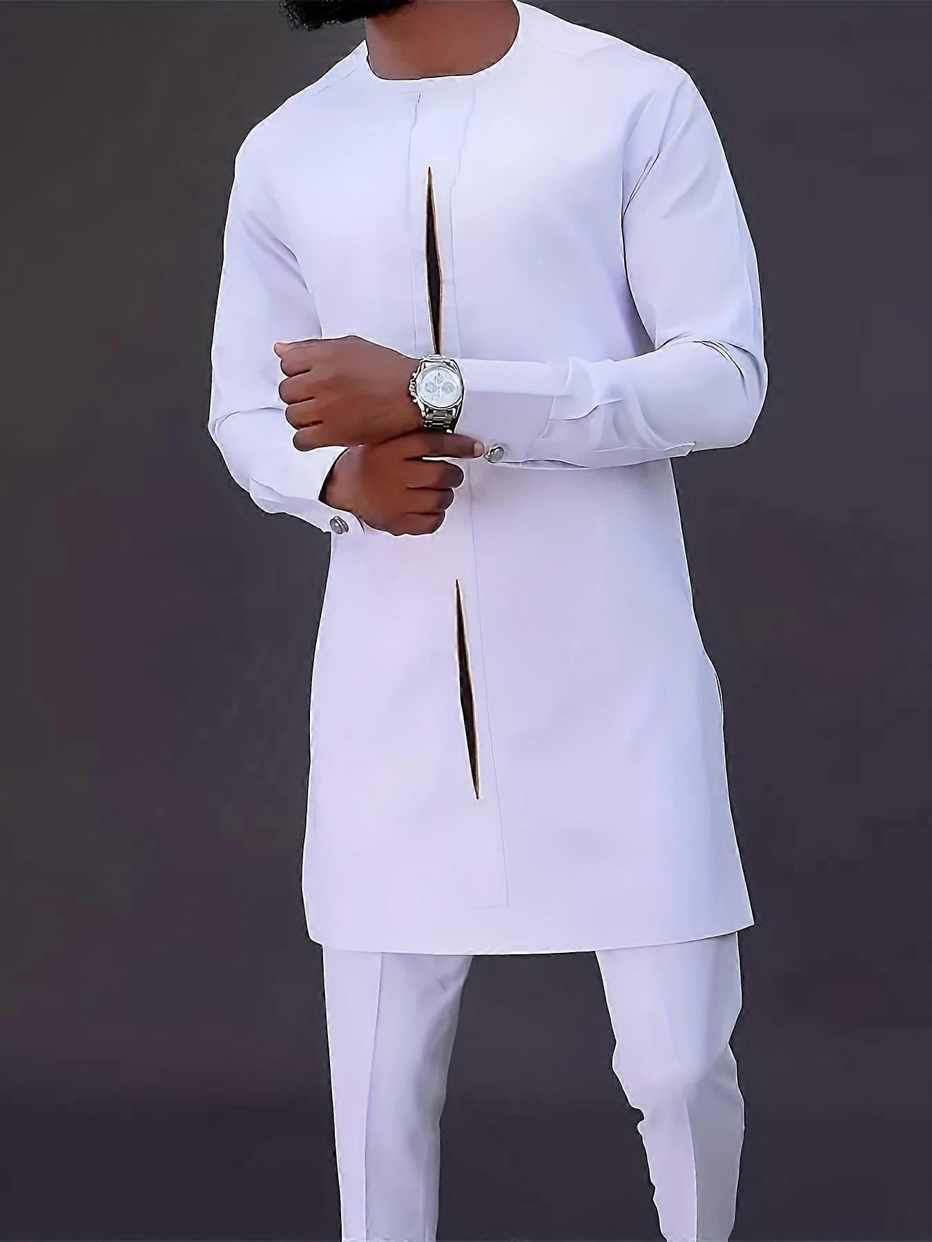 New style Men's Outfit Set, Crew Neck Long Sleeve Robe And Drawstring Trousers, 2 In 1 Set For Cultural Activities In African