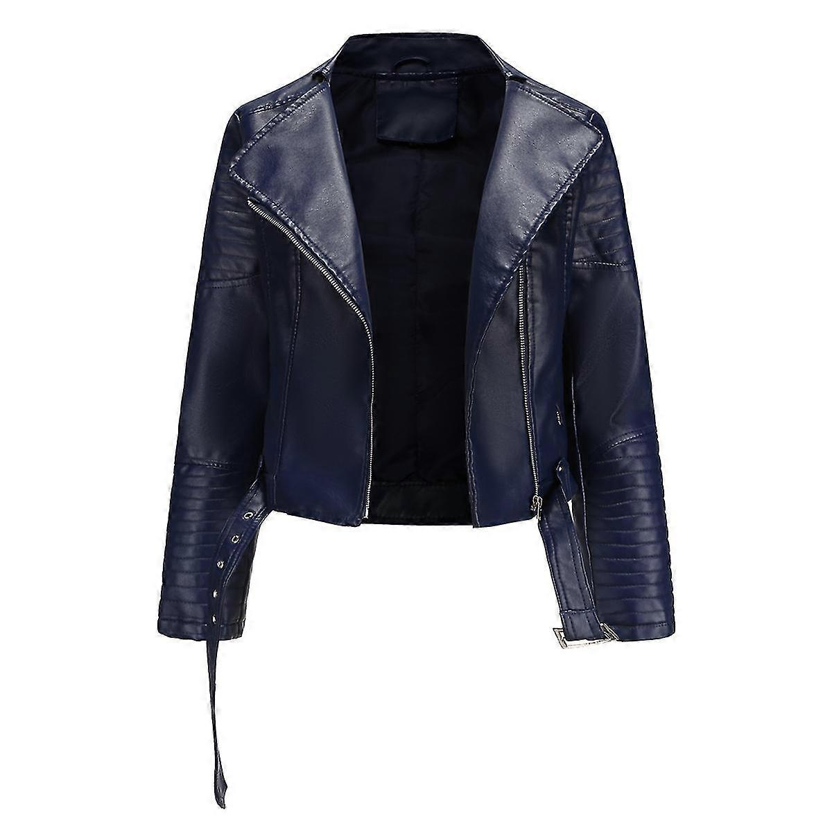 Naiwang Women's Solid Color Simple Slim Short Zip Lace-up Lapel Leather Jacket