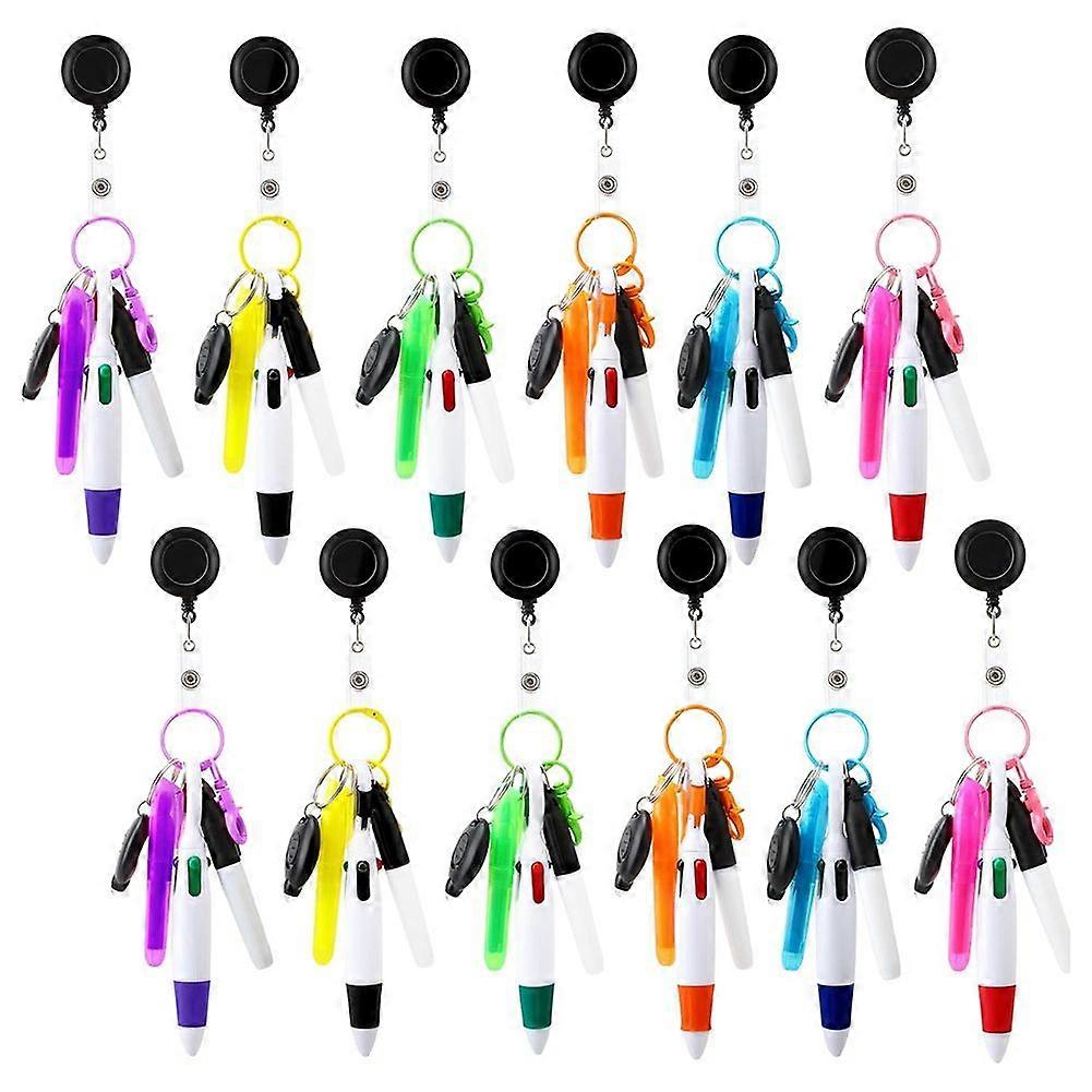 72 Pcs Badge Reel Pen Retractable -Pens Set with Mini Highlighter Permanent Marker Pen LED Flashlig