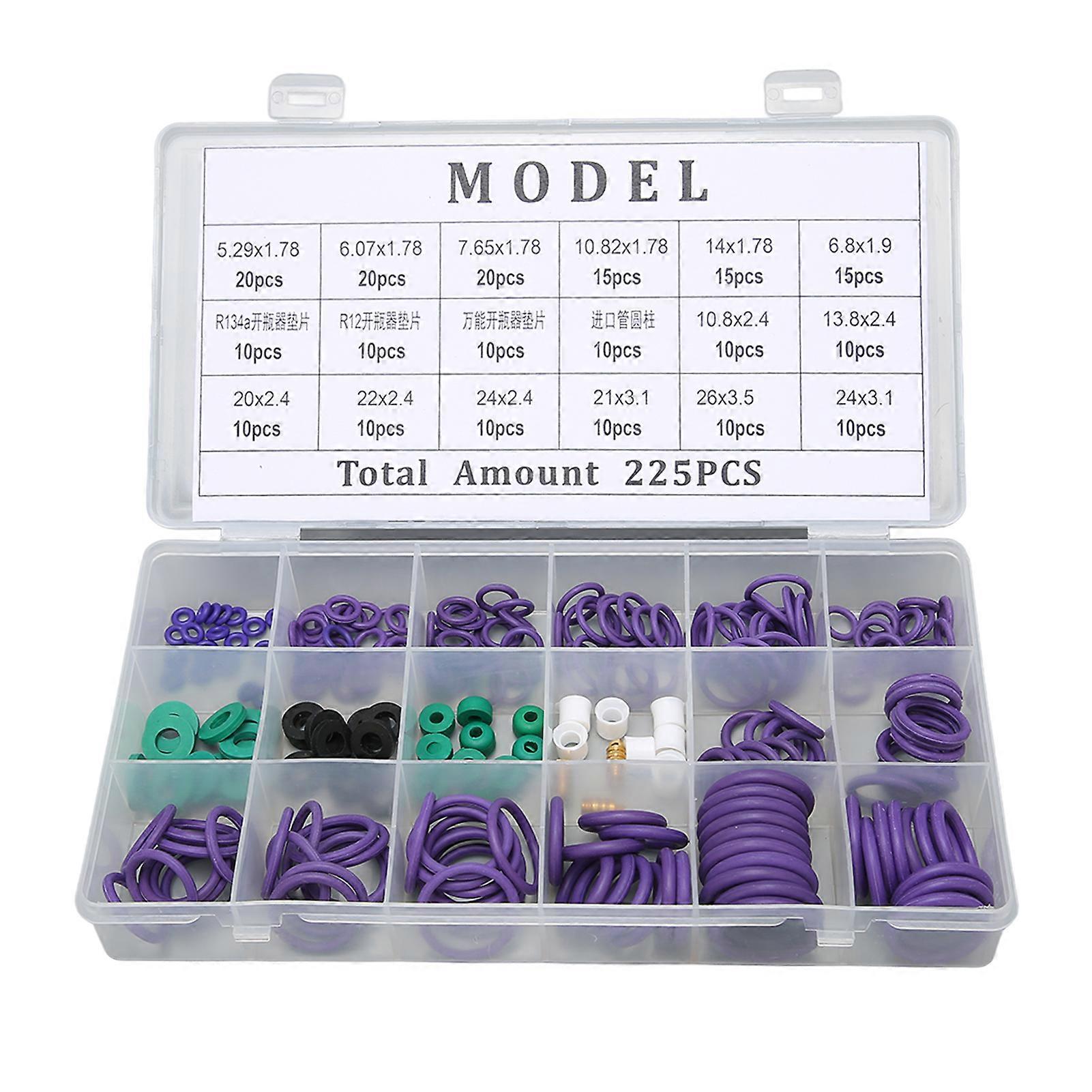 225Pcs Car Air Conditioner O-Ring Gasket Set, 14 Sizes Assortment with Washer and Spacer for Machinery Industry and Home