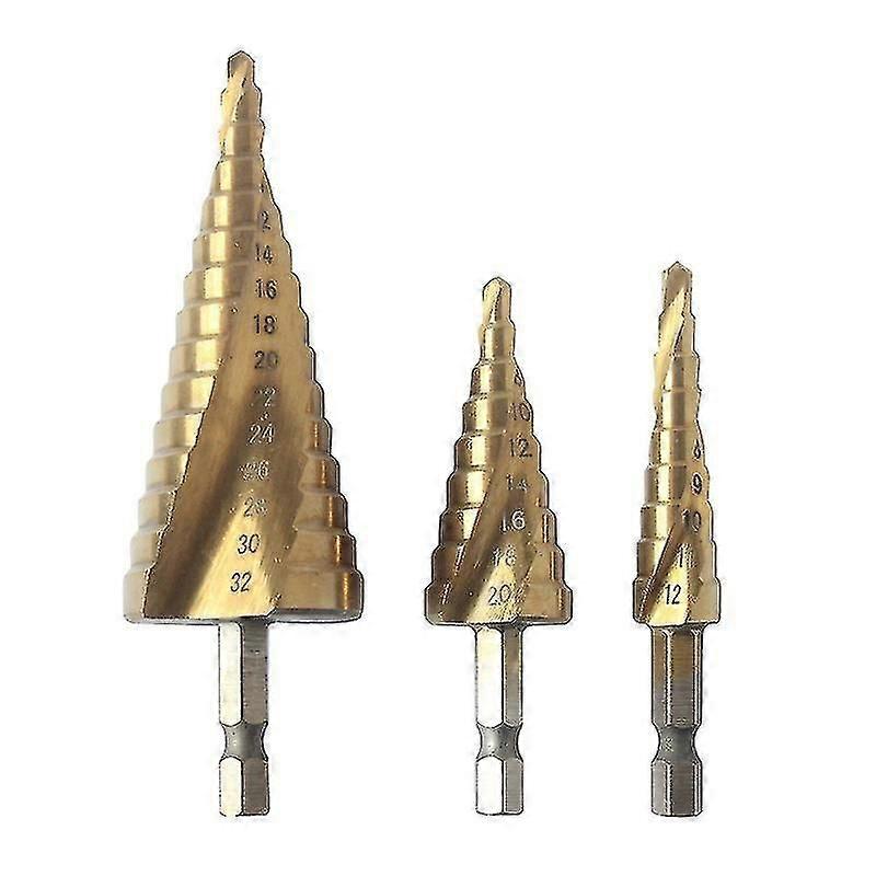 Metric Titanium Coated Hss Spiral Fluted Step Drill Bits Set Of 3 4-12/4-20/4-32mm With 1/4" Hex Shank