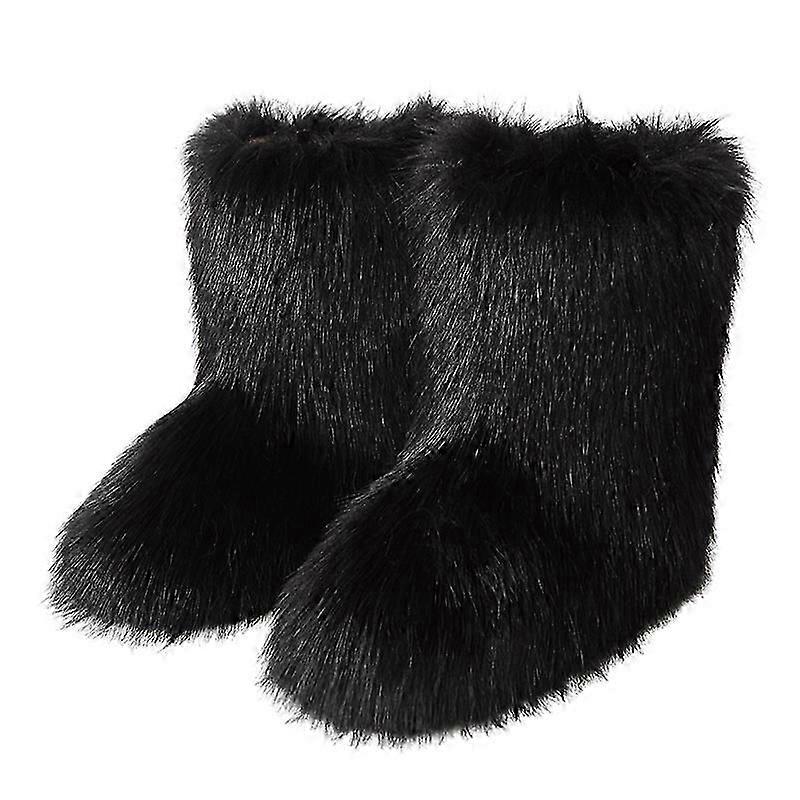 Women's Faux fur Boot, Furry Fluffy Short Snow Boot-BLACK