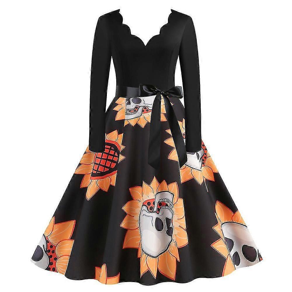 Halloween Damen Mode Print Langarm Casual Saum Kleid