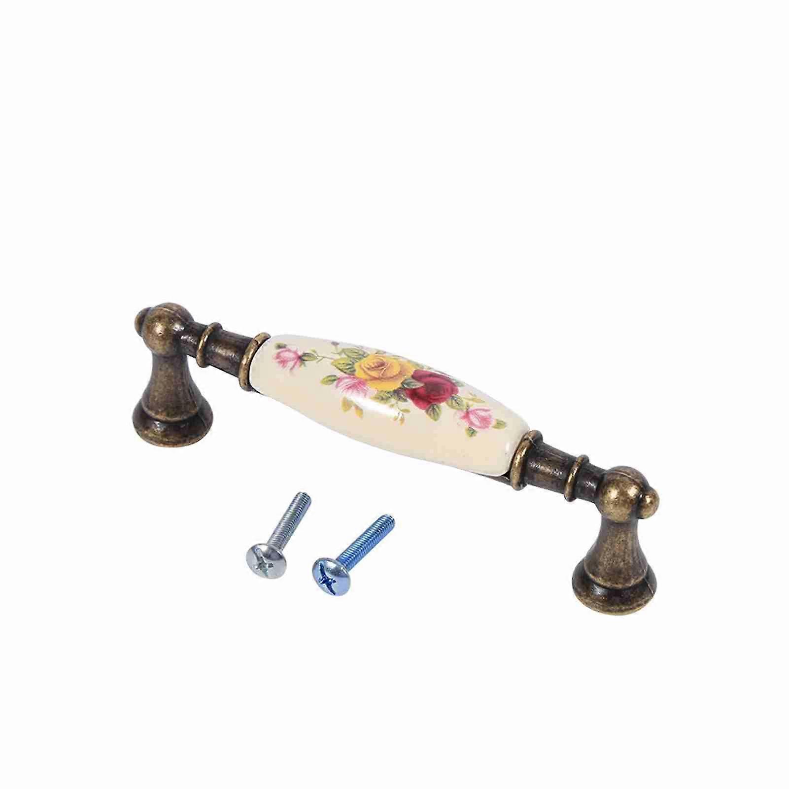 Vintage Bronze Ceramic Flower Pattern Door Handles Pulls for Cupboard Drawer 2#