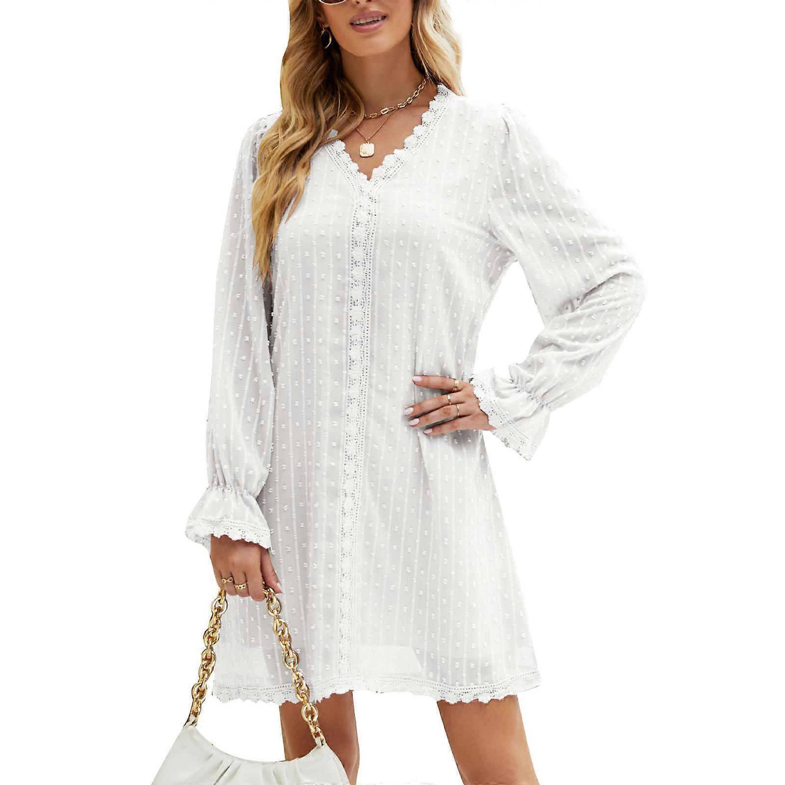 Womens Dress Long Sleeves V-Neck Flowy Mini Dress Small Dot High Waist Chiffon Casual Dress Tunic Dresses Babydoll Dress White XL | Fruugo IL Womens Dress Long Sleeves V-Neck Flowy Mini Dress Small Dot High Waist Chiffon Casual Dress Tunic Dresses Babydoll Dress White XL | Fruugo IL