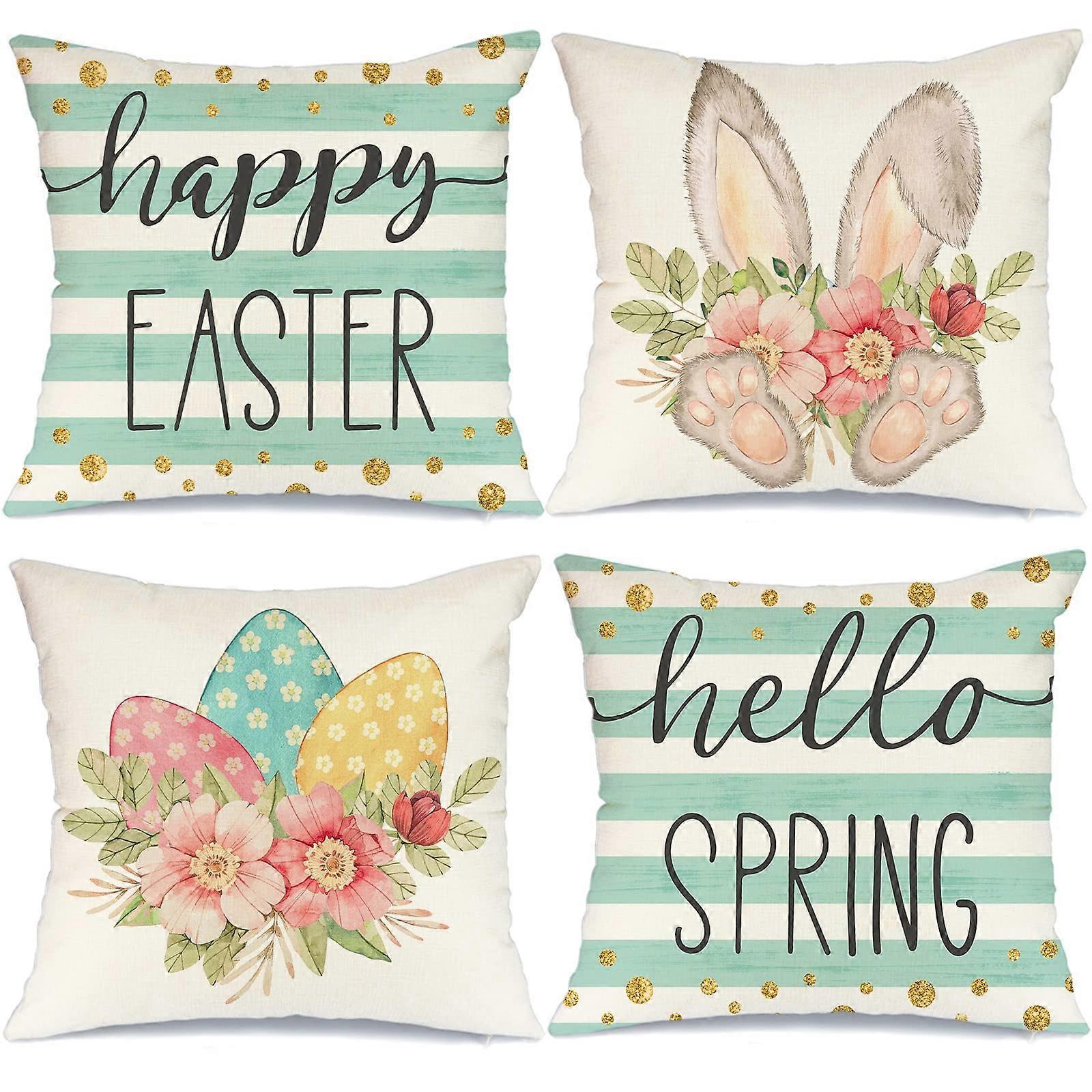 Happy Easter Pillow Cases 18x18 4 Set Hello Spring Rabbit Eggs Striped Home Decor Sofa G206-18