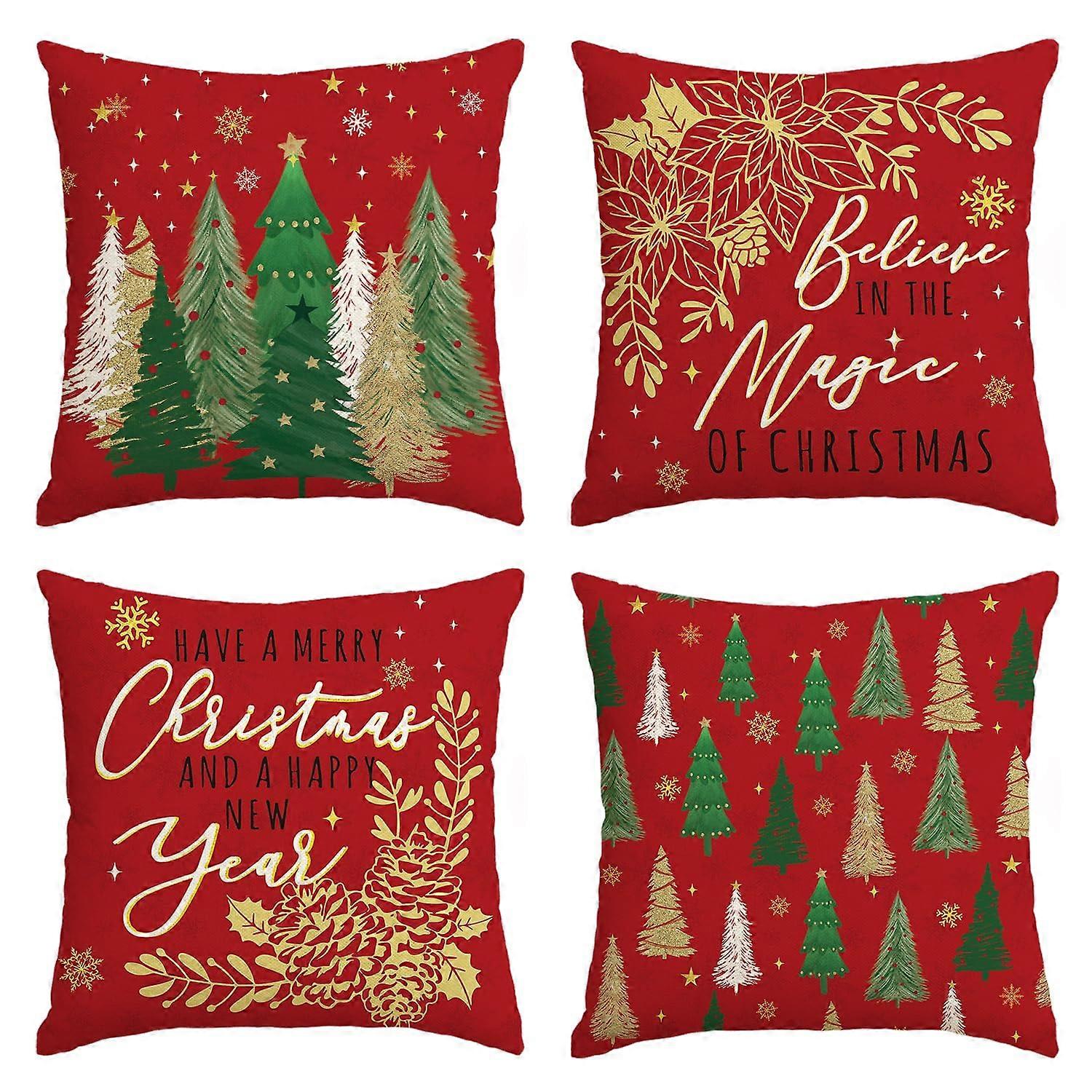 Throw Pillow Covers 4-Piece Set, 16 x 16 Inch, Red Christmas Tree Poinsettia Snowflake Eucalyptus Pattern, Sofa Couch