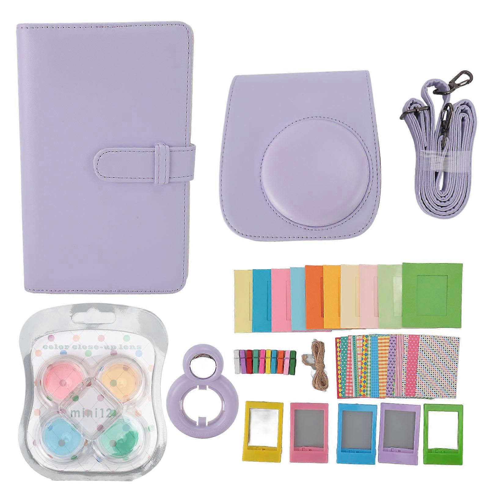 Instant Camera Protective Case with Photo Frames Album Shoulder Strap Selfie Mirror Filters Stickers PU Leather Camera Bag for Instax Mini12