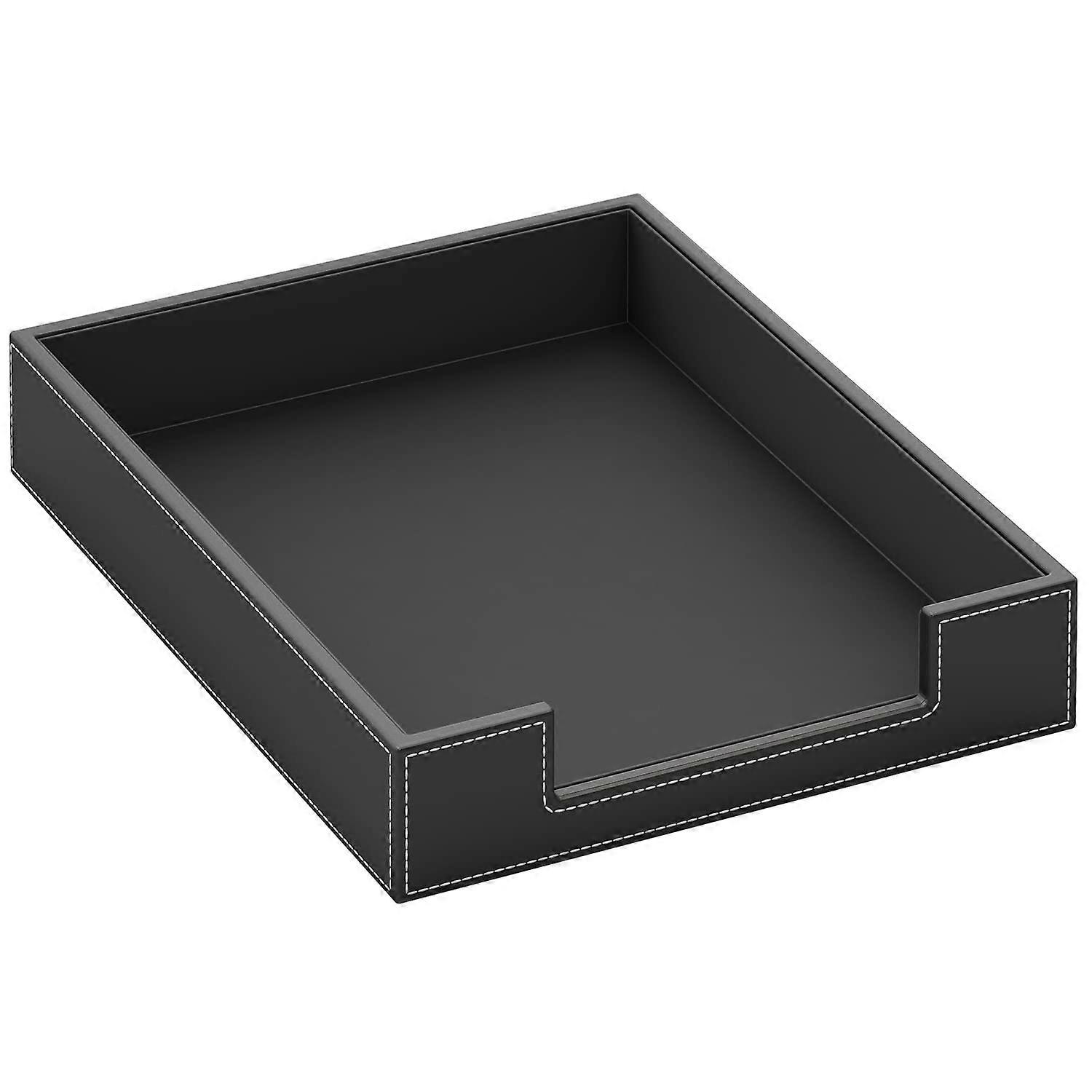 Leather Letter Tray Black Desk Organizer For Mail Paper Files Magazines Office Desktop Storage