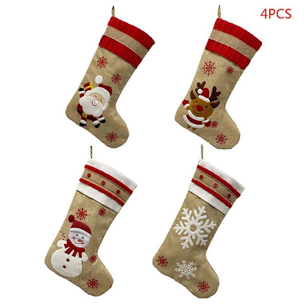 4pcs/set Christmas Stocking Snowflake Snowman Gift Candy Bag Hanging Xmas Tree