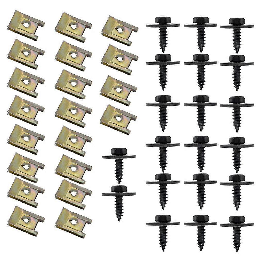 Screw and Nut Clip Kit 20 Sets Car Body Fender Screw Metal U-type Fastener Clip with Black Hex Head Self Tapping Screw